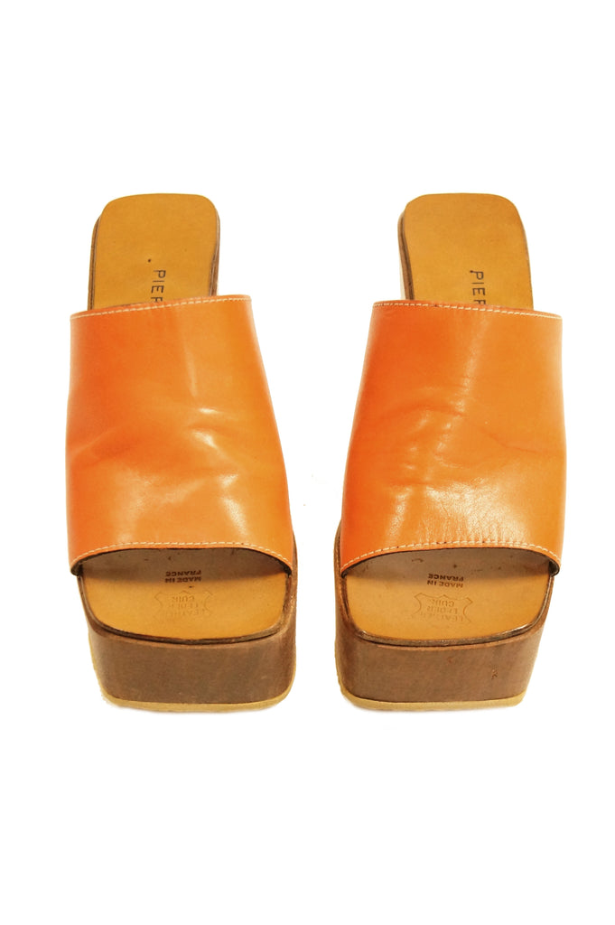 1970s Pierre Cardin Orange Leather and Wood Platform Mules, Iconic