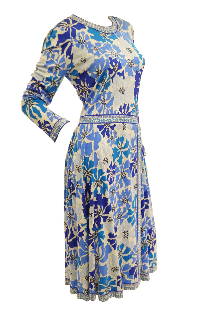 1970 Averardo Bessi Blue Floral Geometric Print Midi Dress