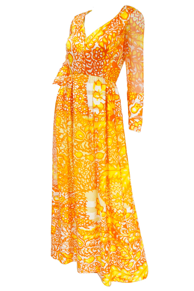 1960s Christian Dior Yellow, Orange and Red Floral Silk Maxi Dress