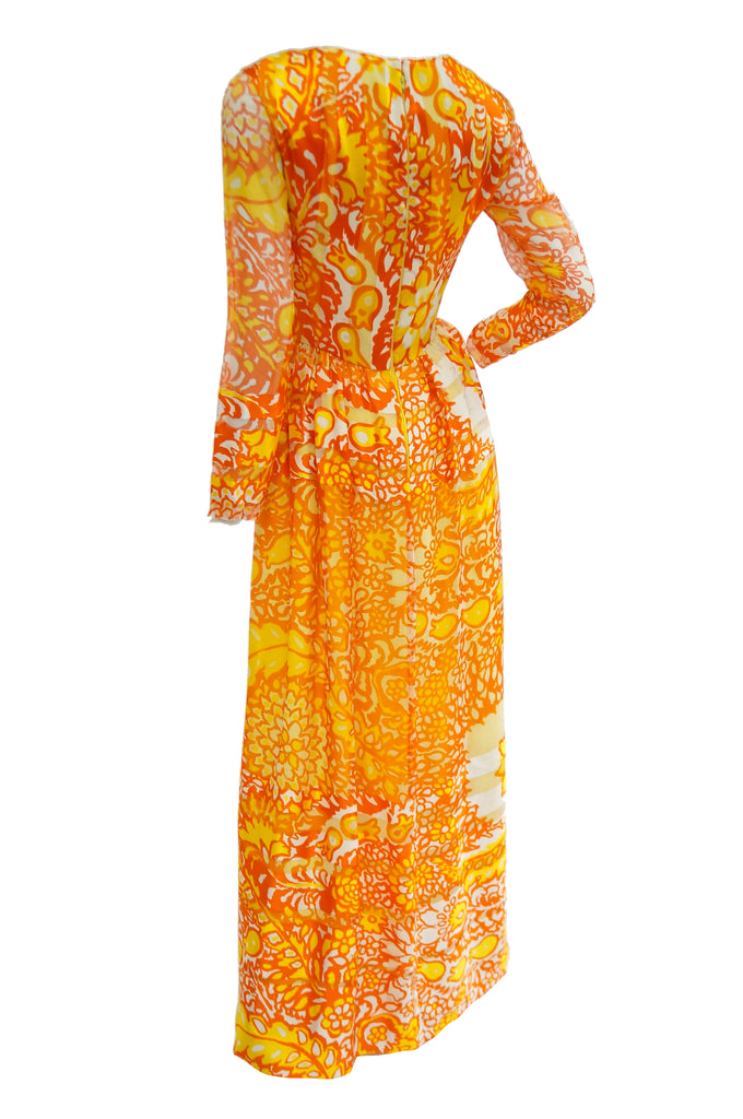 1960s Christian Dior Yellow, Orange and Red Floral Silk Maxi Dress