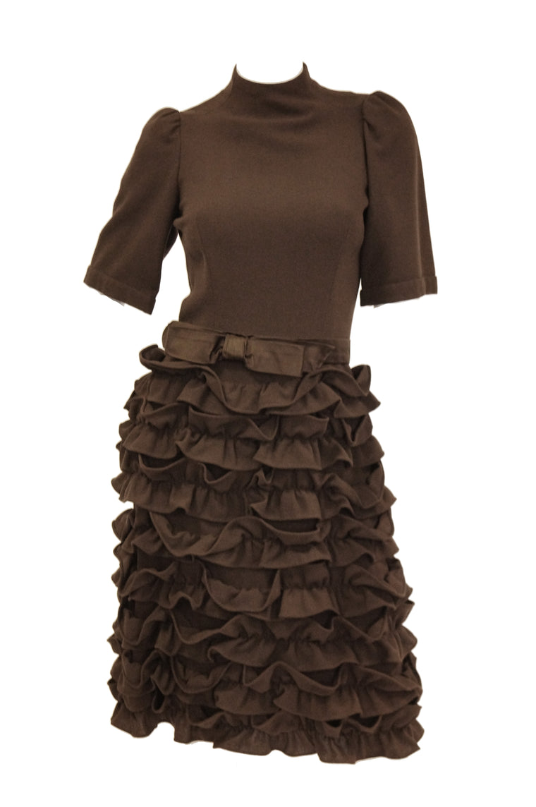 1960s Cardinali Chocolate Brown “Sample” Cocktail Dress w/ Scalloped Skirt
