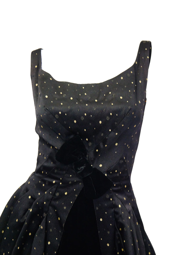 1950s Suzy Perette Black and Gold New Look Evening Dress with Shimmer Dot and