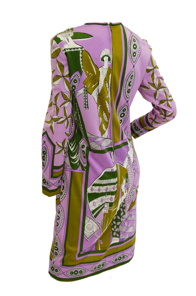 1960s Paganne Purple Art Deco Print Knit Dress
