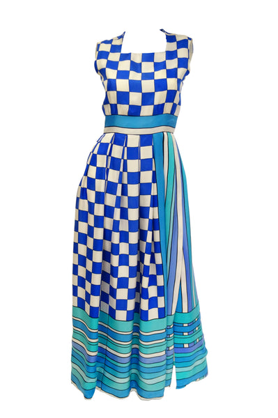 1960s Tina Leser Blue Checkerboard Print Dress with Graphic Blue Hem