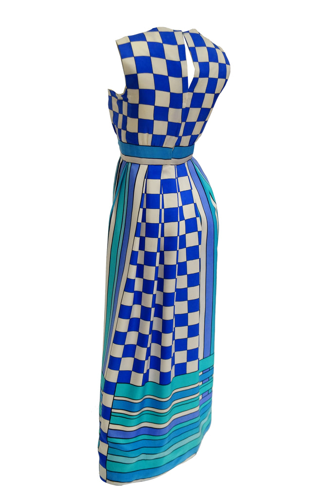 1960s Tina Leser Blue Checkerboard Print Dress with Graphic Blue Hem