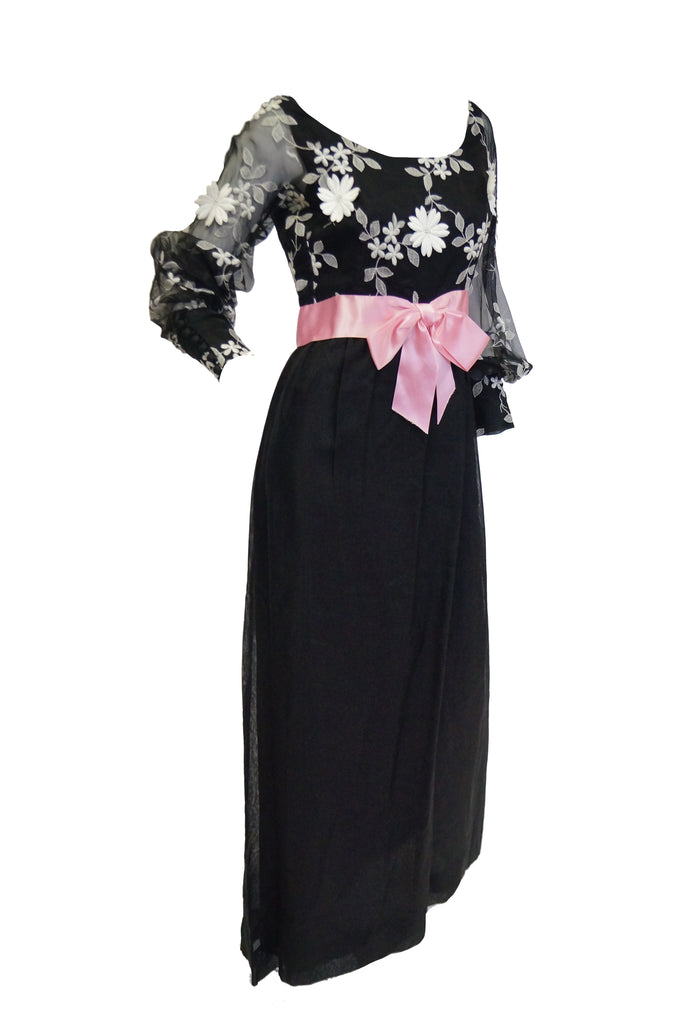 1960s Geoffrey Beene Black Evening Dress w/ White Floral Details & Pink Ribbon