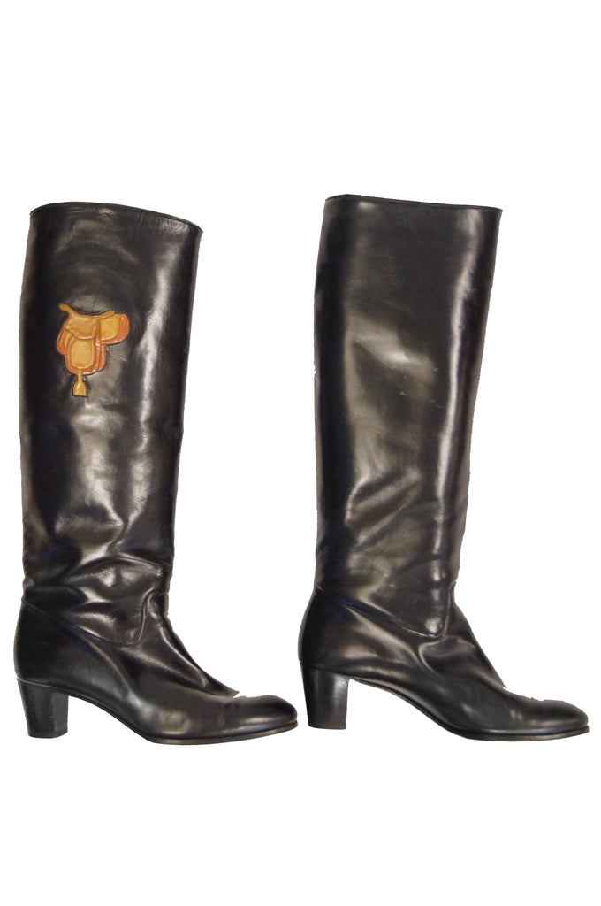 1980s Gucci Black Leather Equestrian "Saddle" Boots