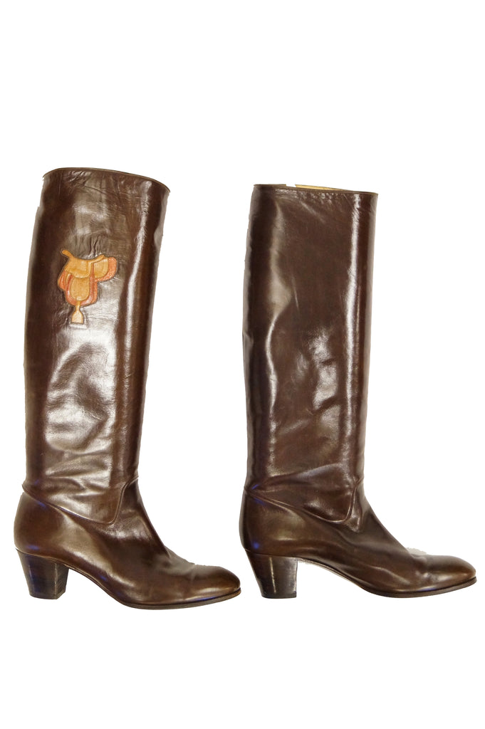 1980s Gucci Mahogany Leather Saddle Applique Boots
