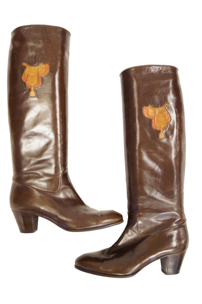 1980s Gucci Mahogany Leather Saddle Applique Boots - MRS Couture