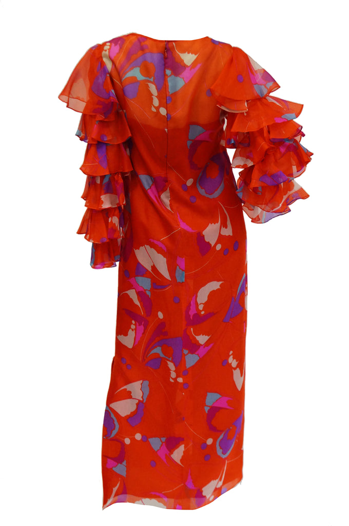 1970s Red Geometric Print Maxi Dress with Flamenco Ruffle Sleeves