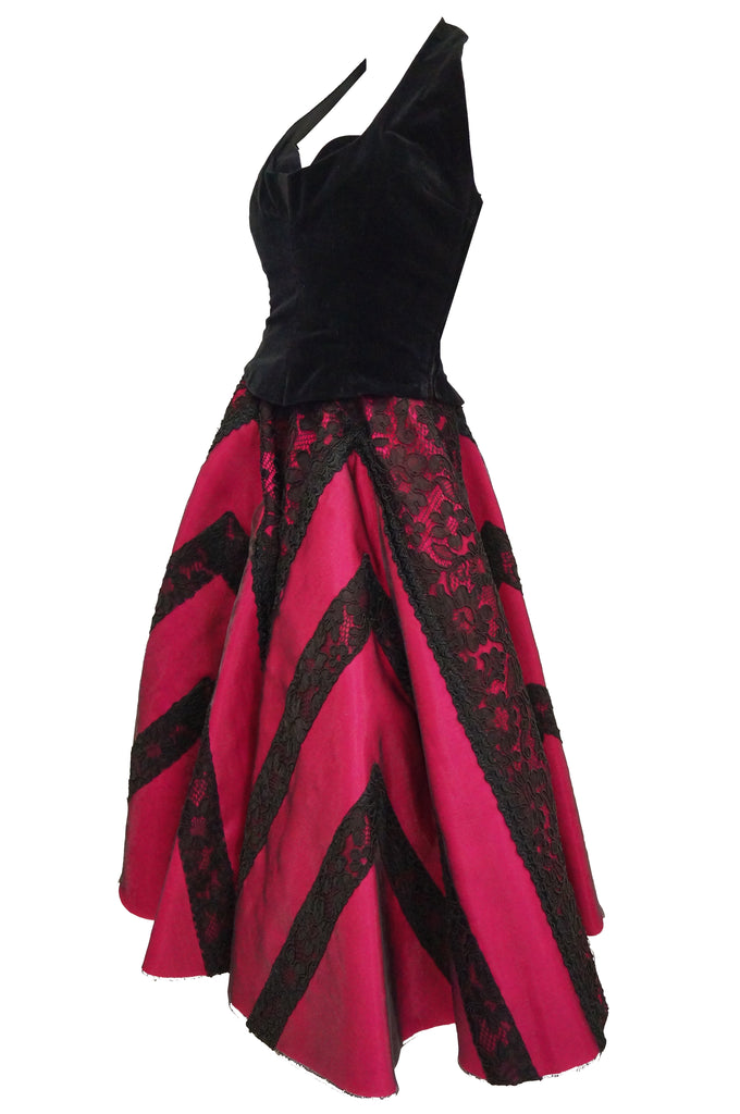 1950s Carol Antell Fuchsia Silk and Black Lace Velvet Skirt and Halter