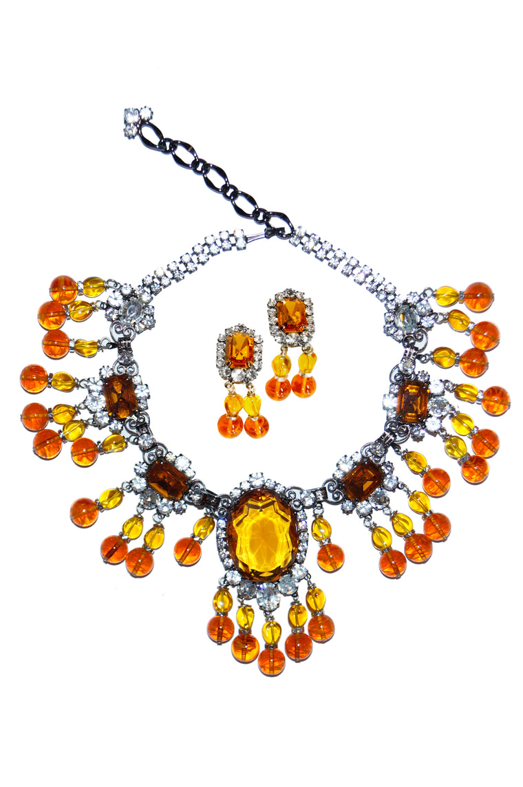 Lawrence Vrba Citrine Glass Statement Necklace and Earrings Set