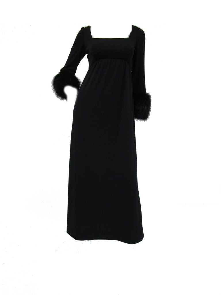 1960s Victoria Royal Black Knit Dress and Vest Ensemble with Fox Hem and Cuff