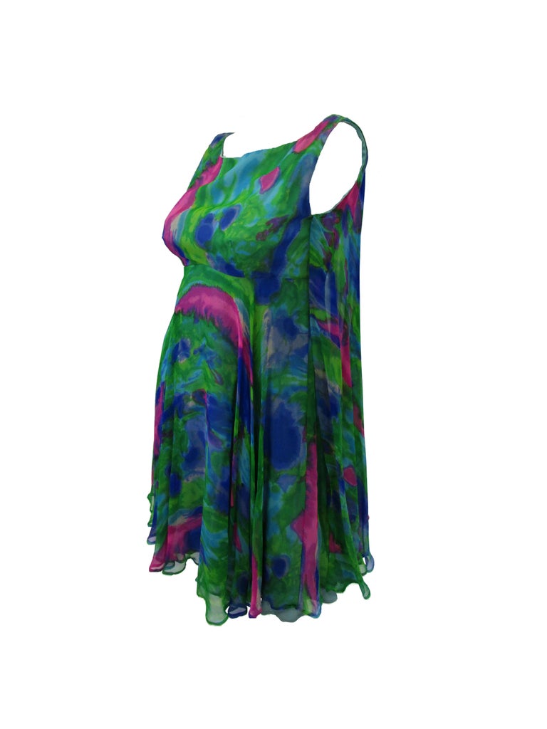 1960s Psychedelic Jerry Silverman Silk Low Back Mini Dress with Organza Overlay
