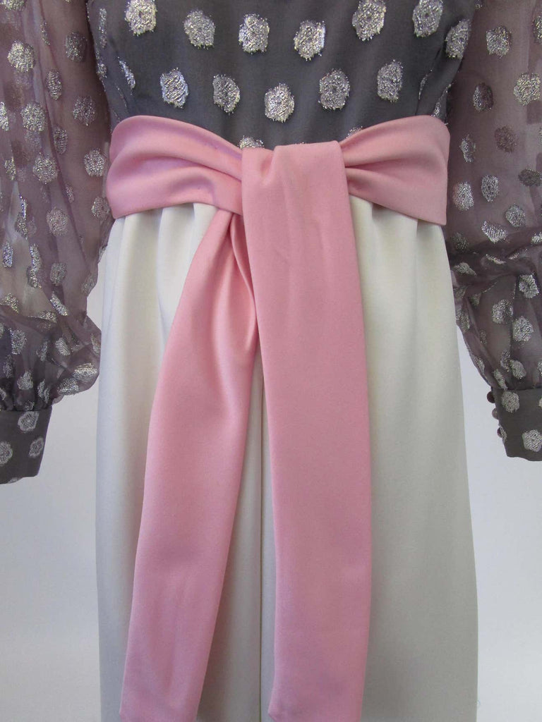 1960s Geoffrey Beene Purple, Pink and Cream Silk Gown with Silver Polka Dots