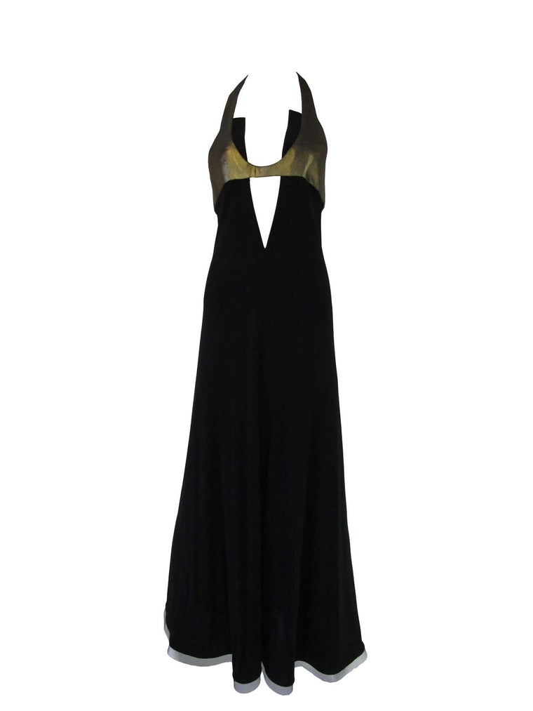 1980s Geoffrey Beene Silk Knit Gold and Black Halter Evening Dress