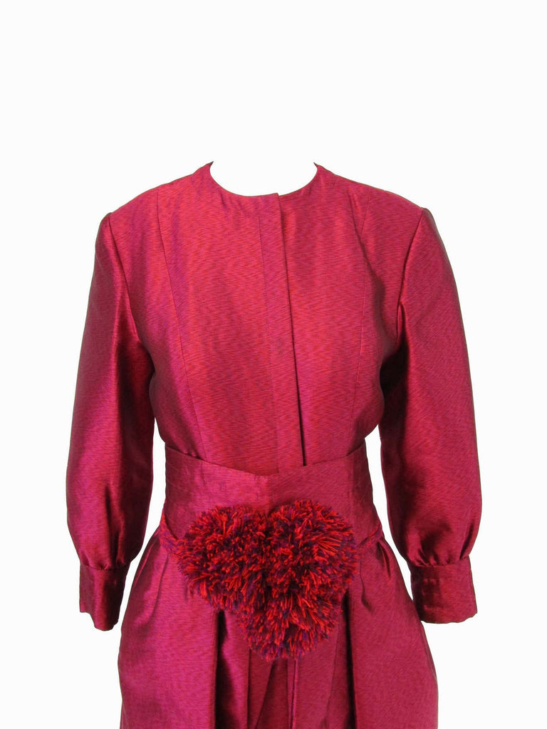 1970s Geoffrey Beene Raspberry Iridescent Silk Evening Dress W/ Pom-pom Belt