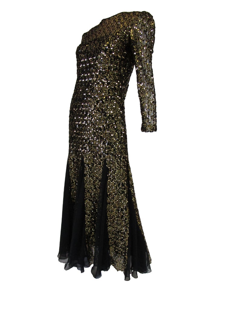 1980s Richilene Black and Gold Sequined Evening Dress