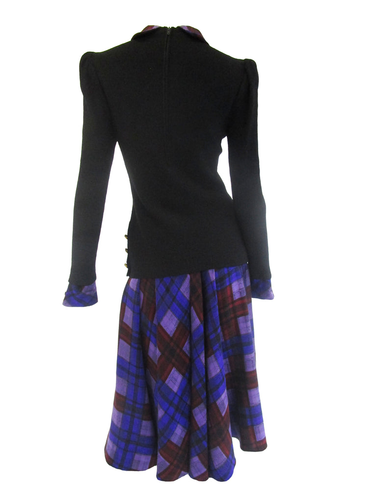 1970s Adolfo Black and Purple Knit and Silk Ensemble