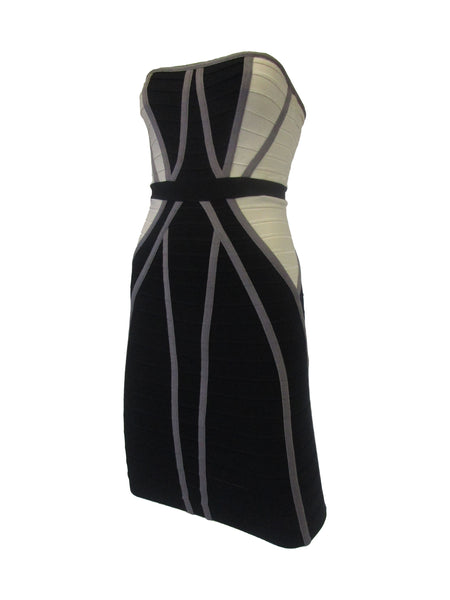 Contemporary Herve Leger Bone and Black Bandage Mini Dress Contemporary Herve Leger Bone and Black Bandage Mini Dress