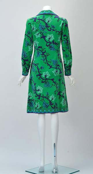 1960s Emilio Pucci Green, Blue and Purple Grape Vine Print Velvet Dres