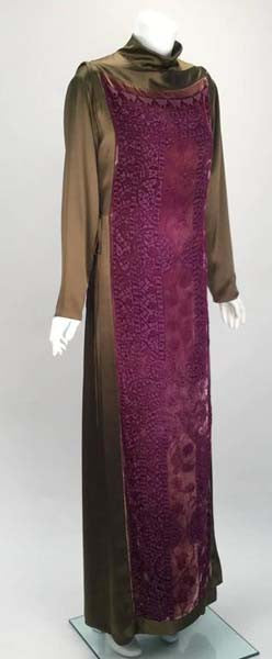 1990s Sylvia Heisel Olive Green Kaftan w/ Purple Silk Burnout Overdress