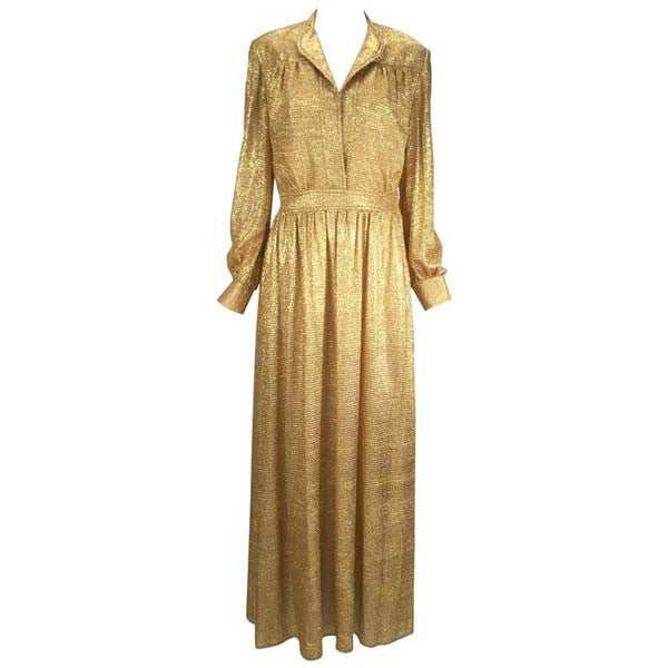 70's gold dress Vintage 1970s Metallic Long Sleeve Maxi 40757 - Jovani - cruising clothes Below The Knee Length Size CN/US:XXL / 16