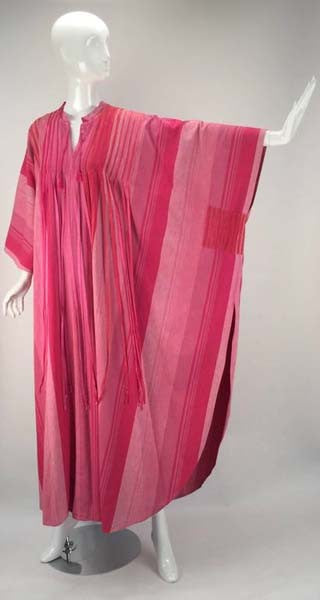 1970s Josefa Multi Pink Striped Mexican Kaftan with Ribbon Trim