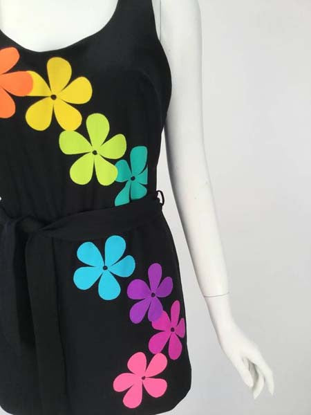 1970s Deweese One Piece Mod Flower Power Skirted Swimsuit