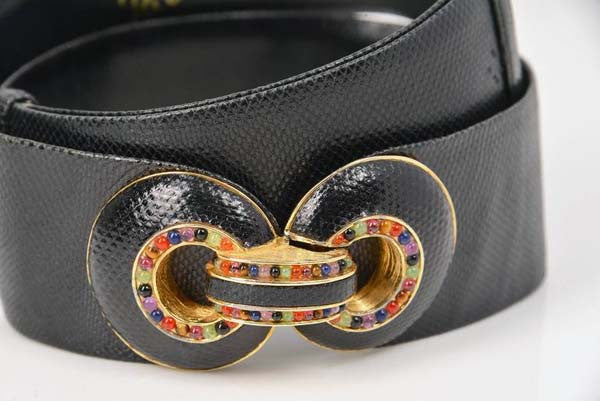 Judith Leiber Embossed Black Leather Belt with Jeweled Buckle