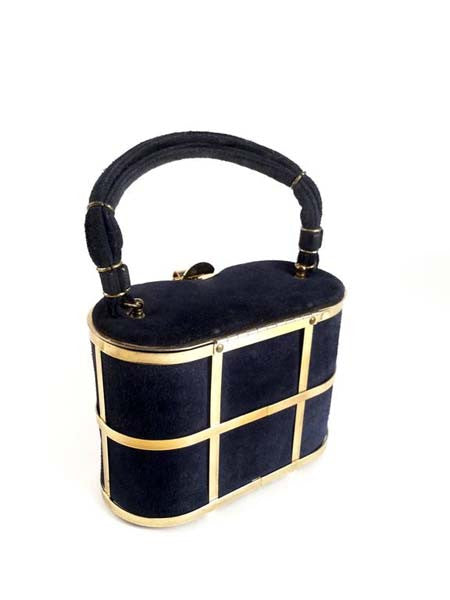 1960s Handbag Navy Blue Suede and Gold Cage Box Purse