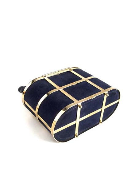 1960s Handbag Navy Blue Suede and Gold Cage Box Purse