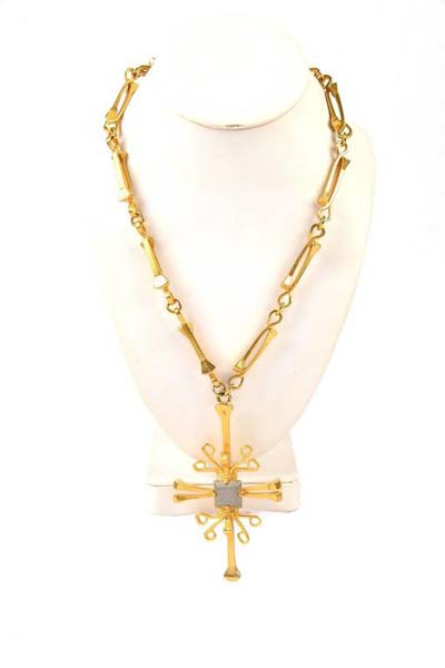 1960s Lawrence Vrba for Castlecliff Gold Box Nail Aztec/Cross & Chain Necklace