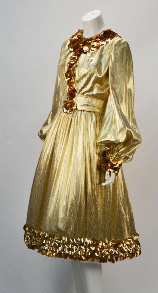 1960s Donald Brooks Gold Metallic Evening Dress with Sequin and Beaded Trim