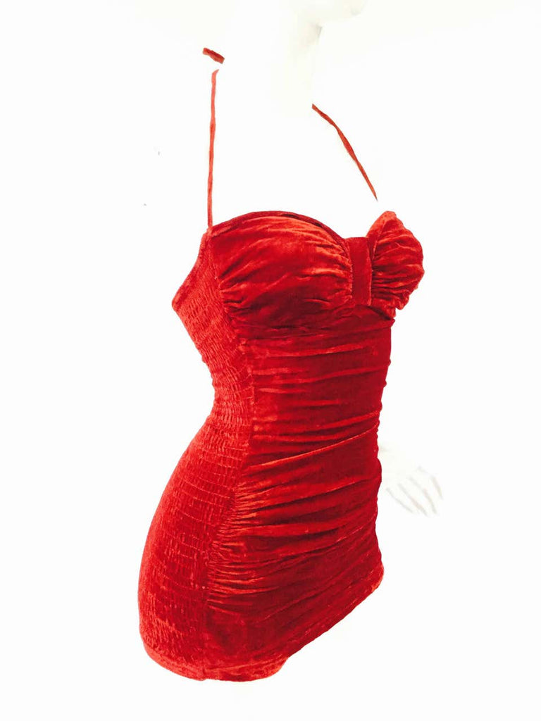 Cole of California Ruched Halter Scarlet Red Velvet Bathing Suit, 1950s