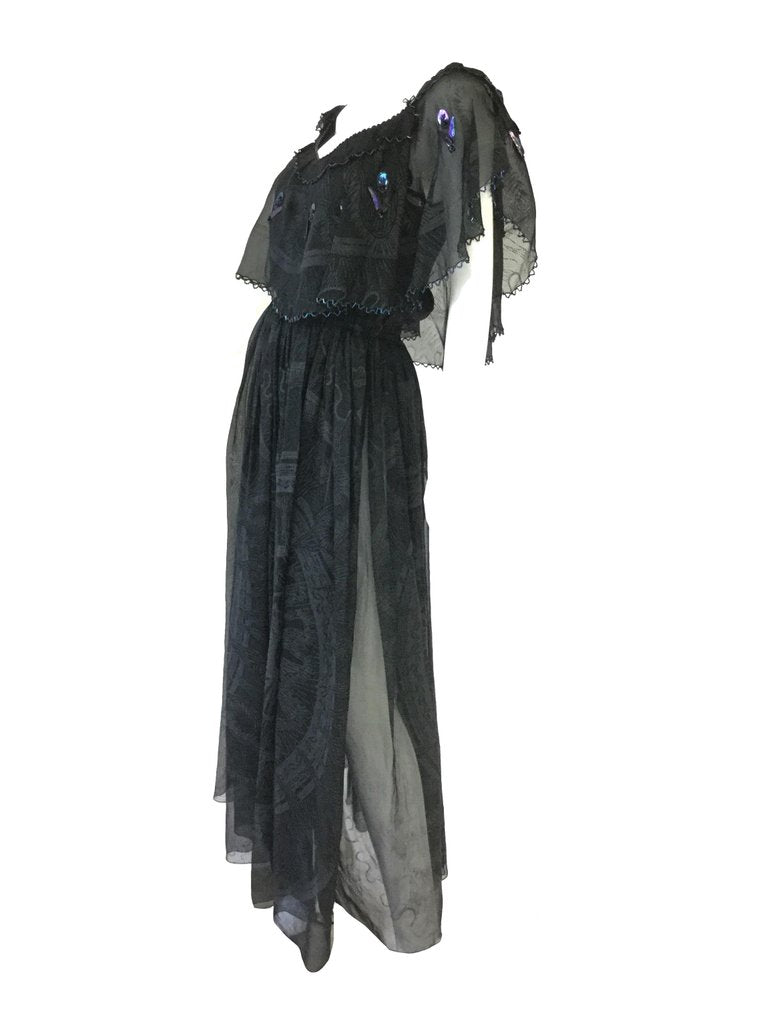 1970s Zandra Rhodes Hand Painted Black Silk Dress