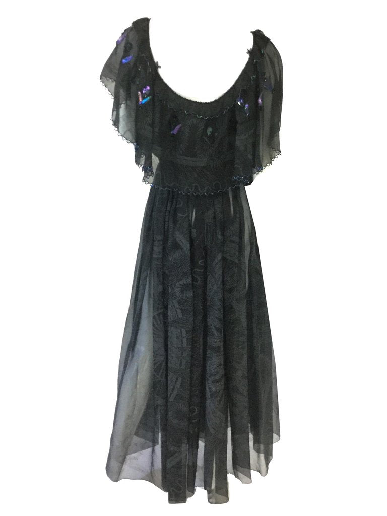 1970s Zandra Rhodes Hand Painted Black Silk Dress