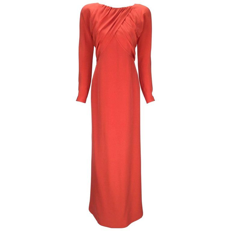 1970s Halston Red Silk Long Sleeve Evening Dress