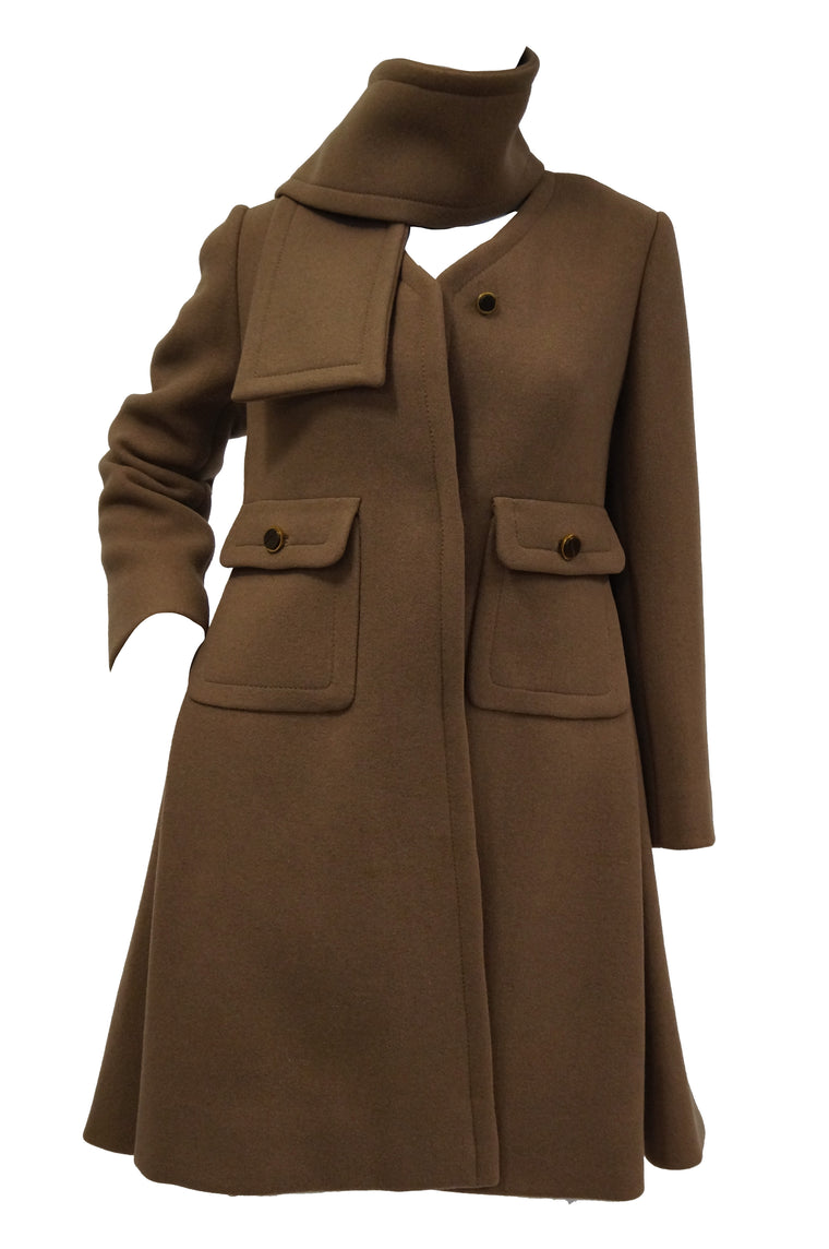 1970s Galanos Brown Wool Coat with Pleat Detail and Wooden Buttons
