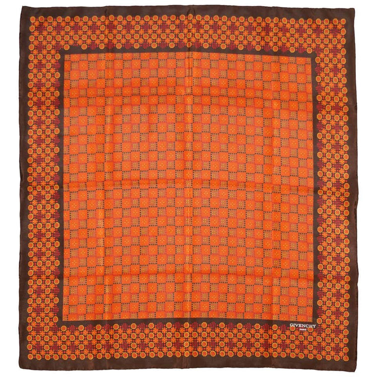 Givenchy Floral and Geometric Silk Scarf in Amber Tones, 1970s