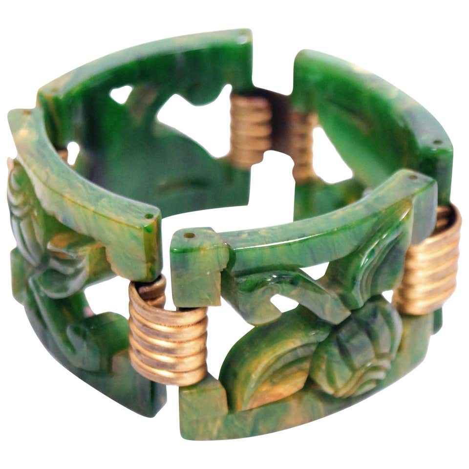Carved Marbled Jade Bakelite Link Bracelet, 1930s