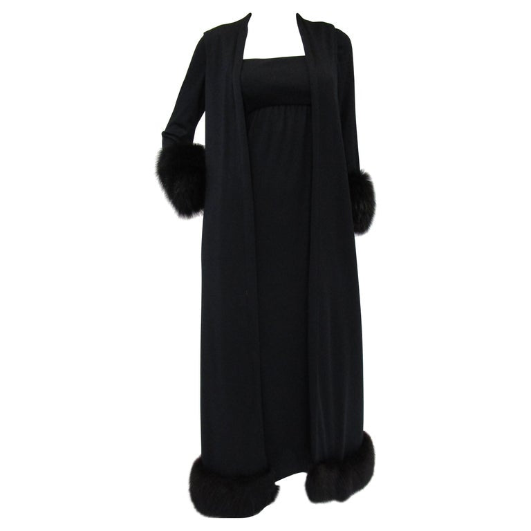 1960s Victoria Royal Black Knit Dress and Vest Ensemble with Fox Hem and Cuff 1960s Victoria Royal Black Knit Dress and Vest Ensemble with Fox Hem and Cuff