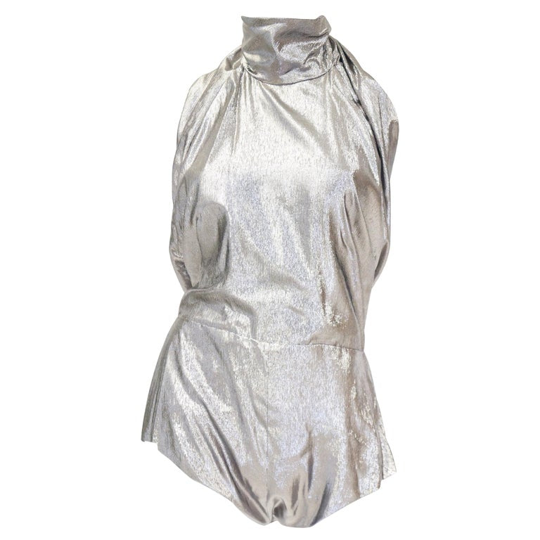 1970s NWT Pauline Trigere Silver Lame Halter Romper with Plunging Back, NWT