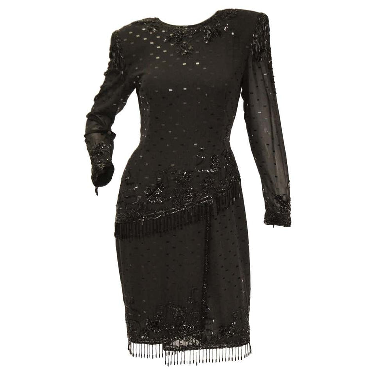 1980s Fabrice Black Silk Cocktail Dress with Floral Beading and Tassel