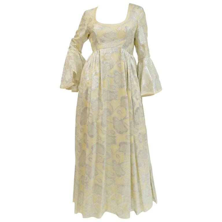 1970s Lisa Meril Cream and Silver Floral Brocade Empire Waist Evening Dress 1970s Lisa Meril Cream and Silver Floral Brocade Empire Waist Evening Dress