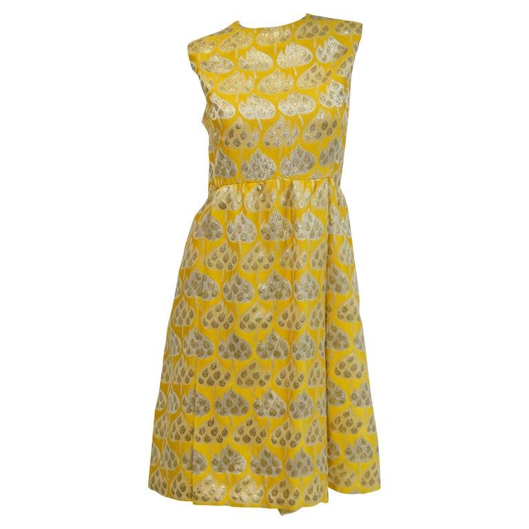 1960s Mollie Parnis Gold and Yellow Leaf Print Cocktail Dress 1960s Mollie Parnis Gold and Yellow Leaf Print Cocktail Dress
