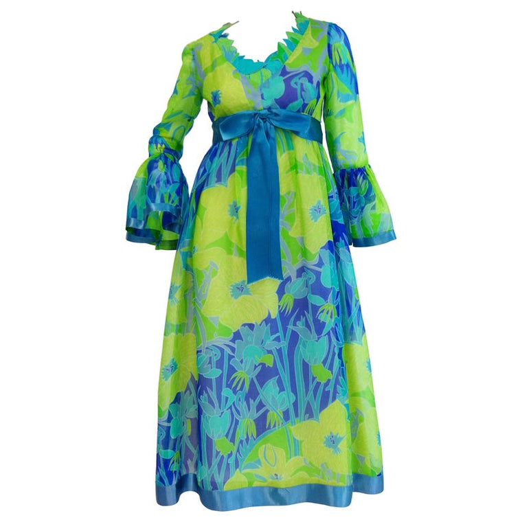 1960s Mollie Parnis Blue and Green Floral Chiffon Maxi Dress