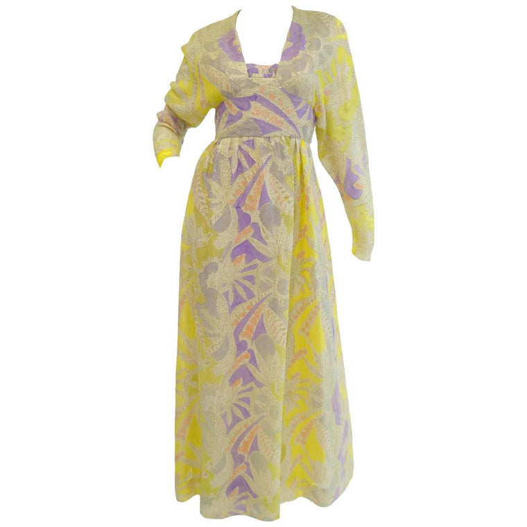 1960s Mollie Parnis Purple & Yellow Floral Evening Dress with Gold Lame Detail