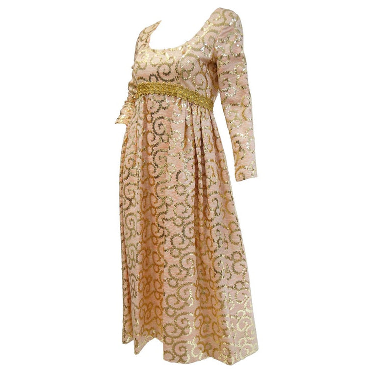 1960s Lisa Meril Pink and Gold Sequin Swirl Dress with Gold Fringe Vest