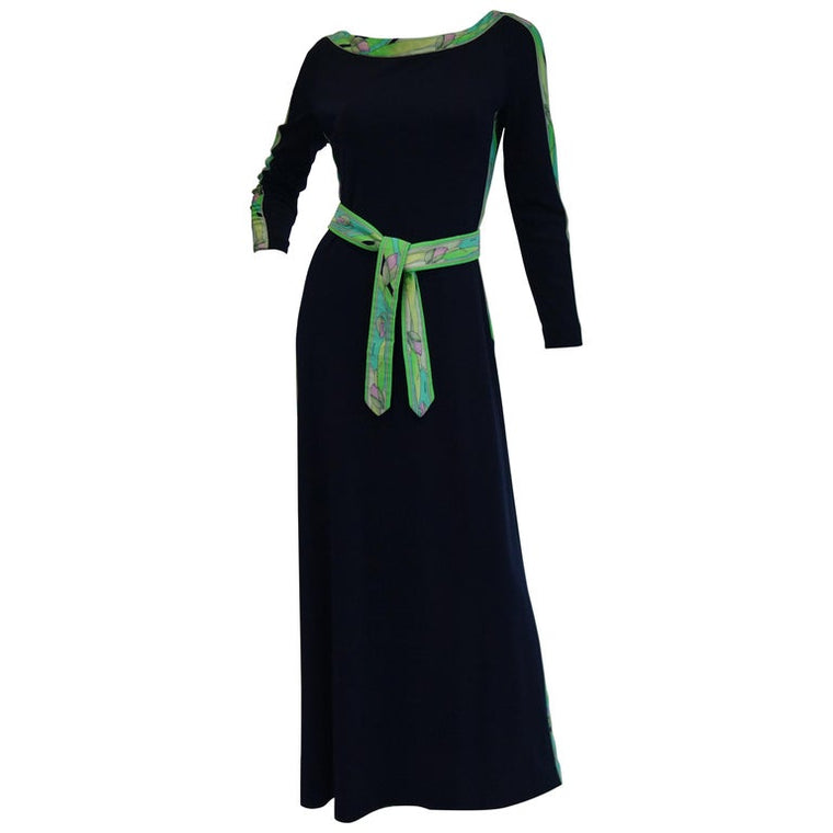 1960s Leonard Black Knit Maxi Dress with Green Floral Contrast